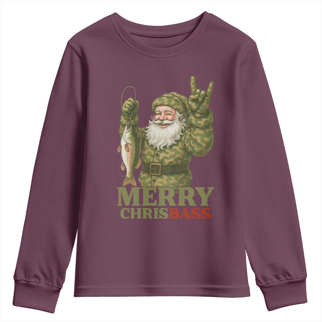 Funny Santa Camo Fishing Youth Sweatshirt Merry Chrisbass TS14 Maroon Print Your Wear