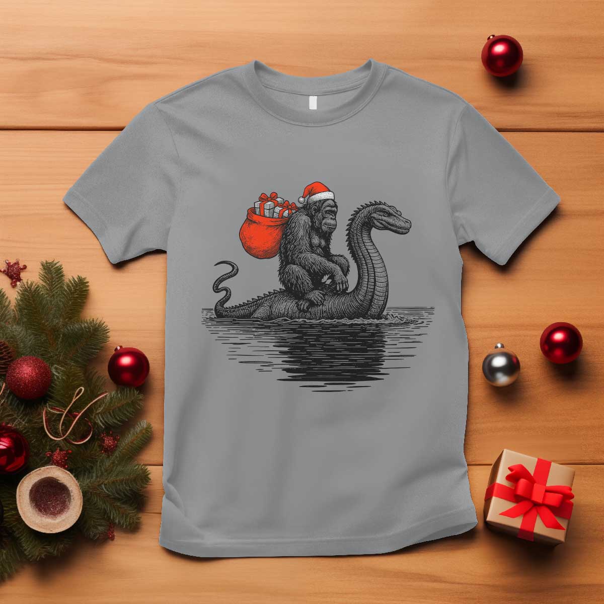 Funny Bigfoot Christmas T Shirt Sasquatch Loch Ness Cryptid Xmas TS14 Sport Gray Print Your Wear
