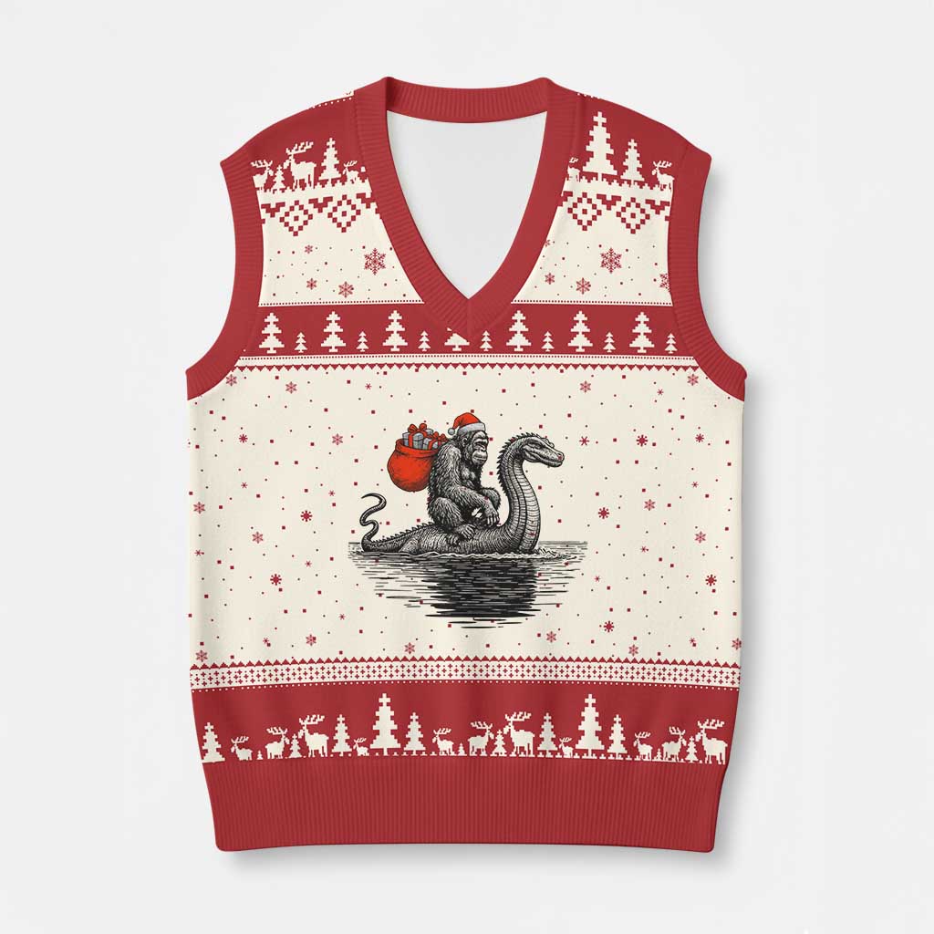 Funny Bigfoot Xmas V-Neck Knit Sweater Vest Sasquatch Loch Ness Cryptid Xmas TS14 Beige Red Print Your Wear