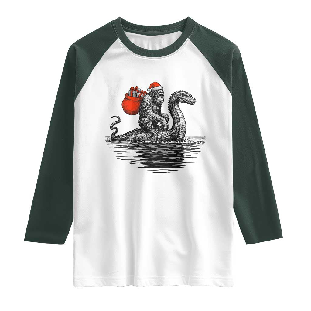 Funny Bigfoot Christmas Raglan Shirt Sasquatch Loch Ness Cryptid Xmas TS14 White Dark Forest Green Print Your Wear
