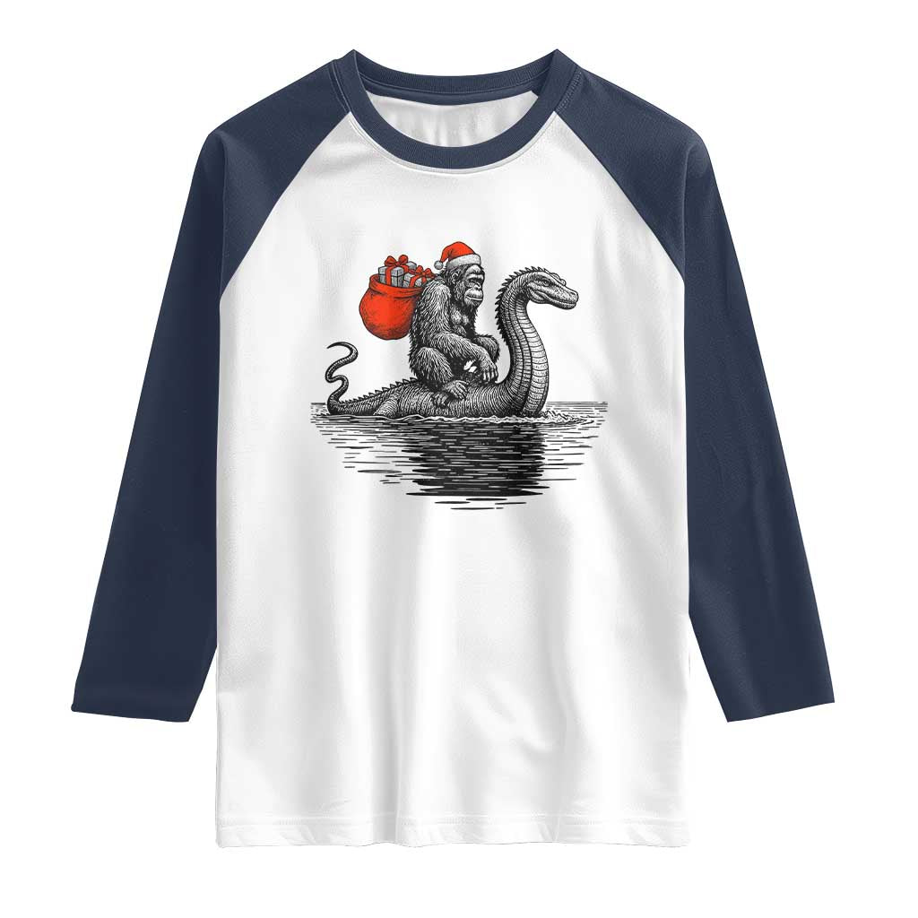 Funny Bigfoot Christmas Raglan Shirt Sasquatch Loch Ness Cryptid Xmas TS14 White Navy Print Your Wear