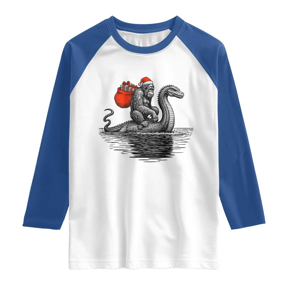 Funny Bigfoot Christmas Raglan Shirt Sasquatch Loch Ness Cryptid Xmas TS14 White Royal Print Your Wear
