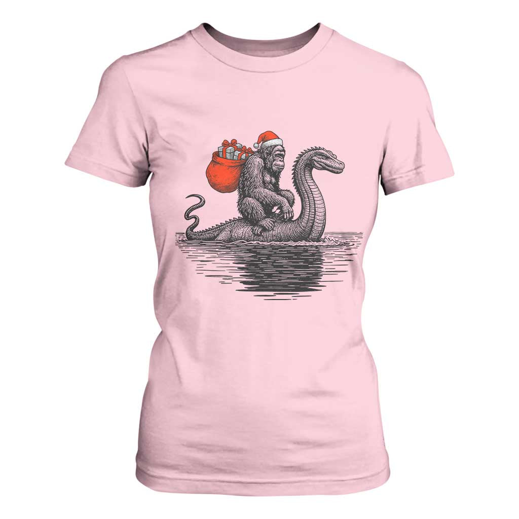 Funny Bigfoot Christmas T Shirt For Women Sasquatch Loch Ness Cryptid Xmas TS14 Light Pink Print Your Wear