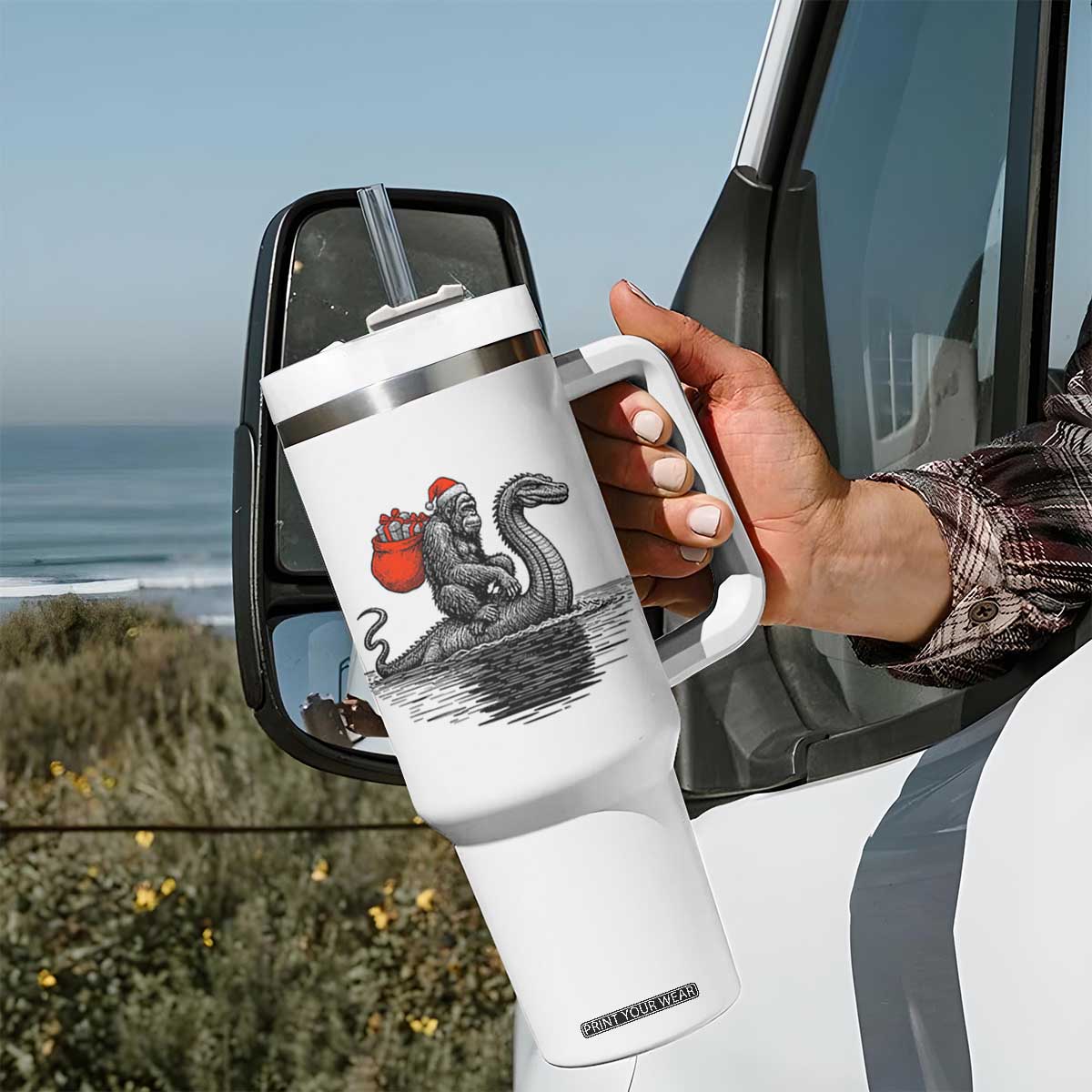 Funny Bigfoot Christmas Tumbler With Handle Sasquatch Loch Ness Cryptid Xmas TS14 Print Your Wear