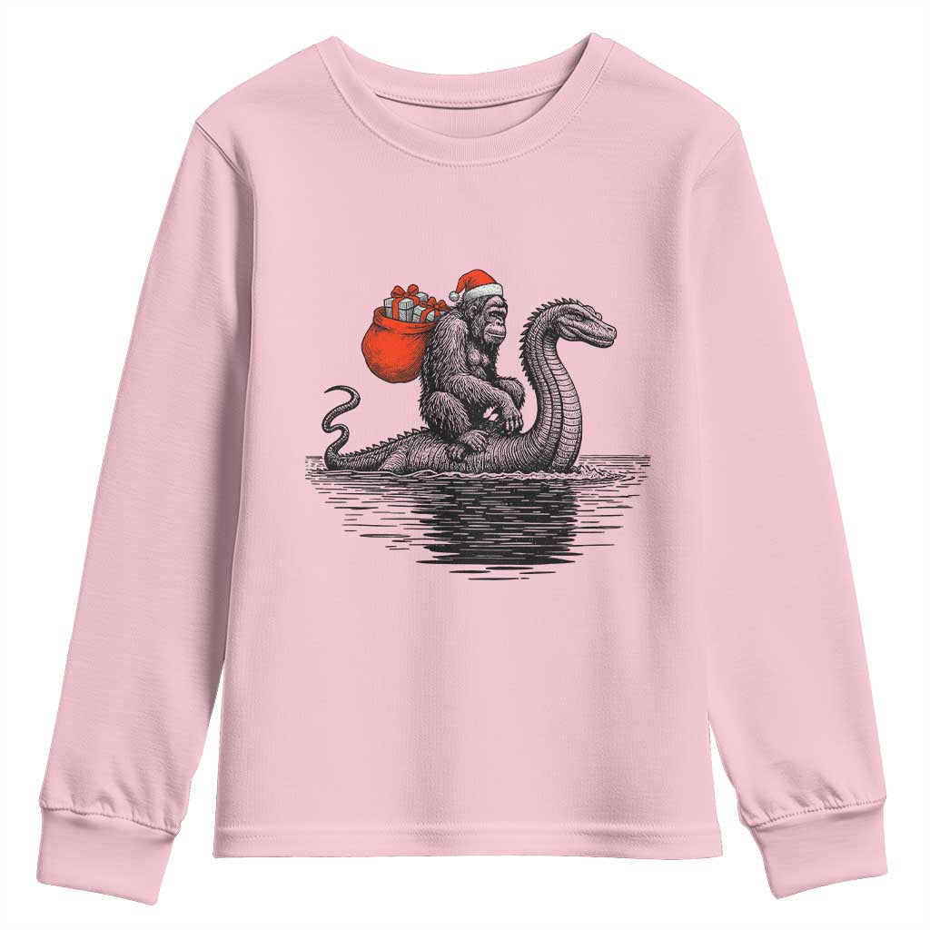 Funny Bigfoot Christmas Youth Sweatshirt Sasquatch Loch Ness Cryptid Xmas TS14 Light Pink Print Your Wear
