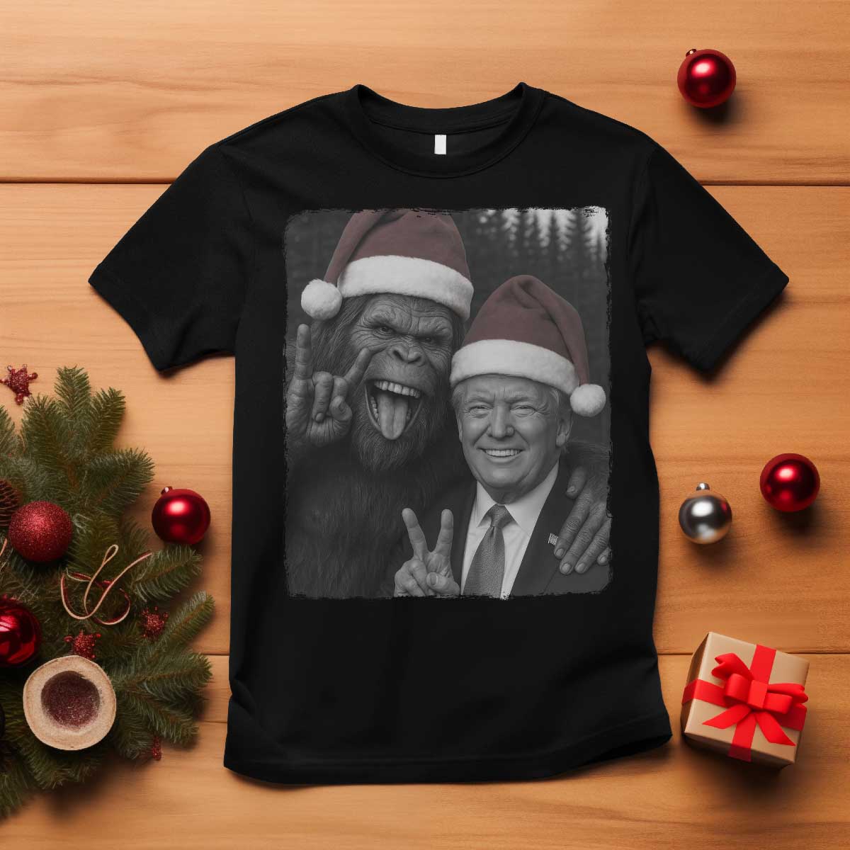 Funny Bigfoot Selfie Christmas T Shirt Sasquatch Trump Meme TS14 Black Print Your Wear