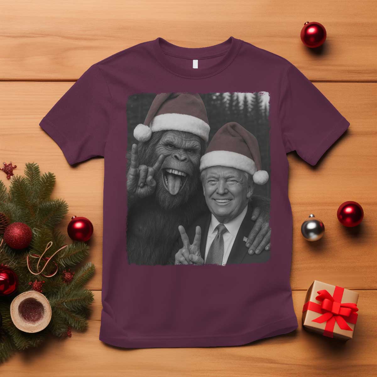 Funny Bigfoot Selfie Christmas T Shirt Sasquatch Trump Meme TS14 Maroon Print Your Wear