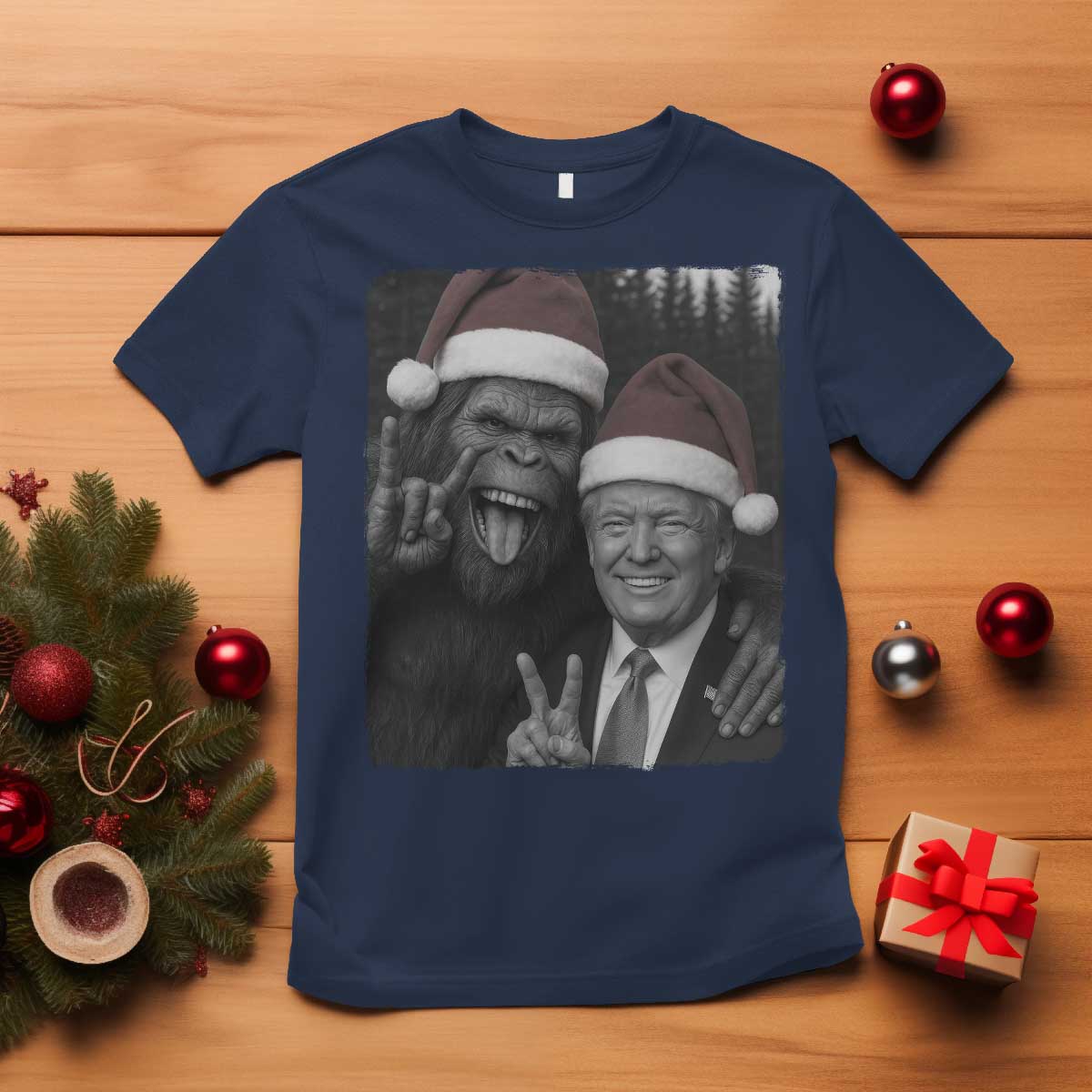 Funny Bigfoot Selfie Christmas T Shirt Sasquatch Trump Meme TS14 Navy Print Your Wear