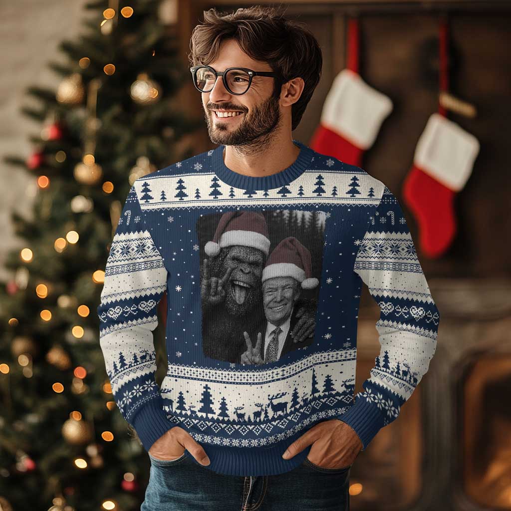 Funny Bigfoot Selfie Xmas Ugly Christmas Sweater Sasquatch Trump Meme TS14 Navy Beige Print Your Wear