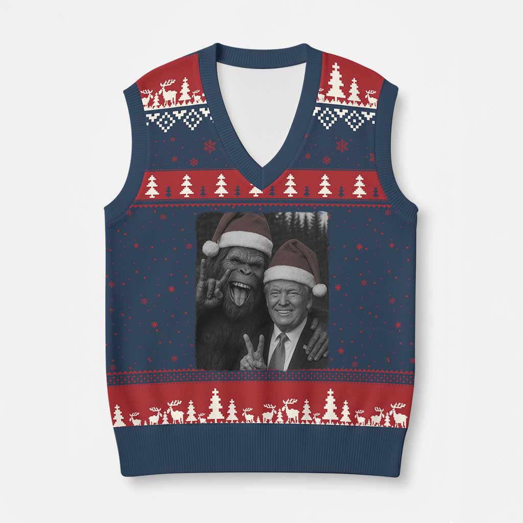 Funny Bigfoot Selfie Xmas V-Neck Knit Sweater Vest Sasquatch Trump Meme TS14 Navy Red Print Your Wear