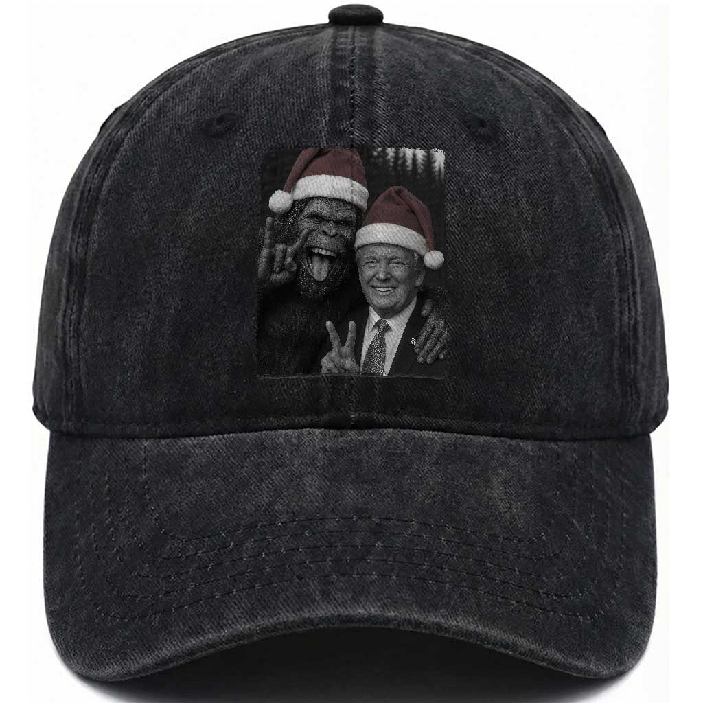 Funny Bigfoot Selfie Christmas Washed Cotton Baseball Cap Sasquatch Trump Meme TS14 Washed Cap Universal Fit Black Print Your Wear
