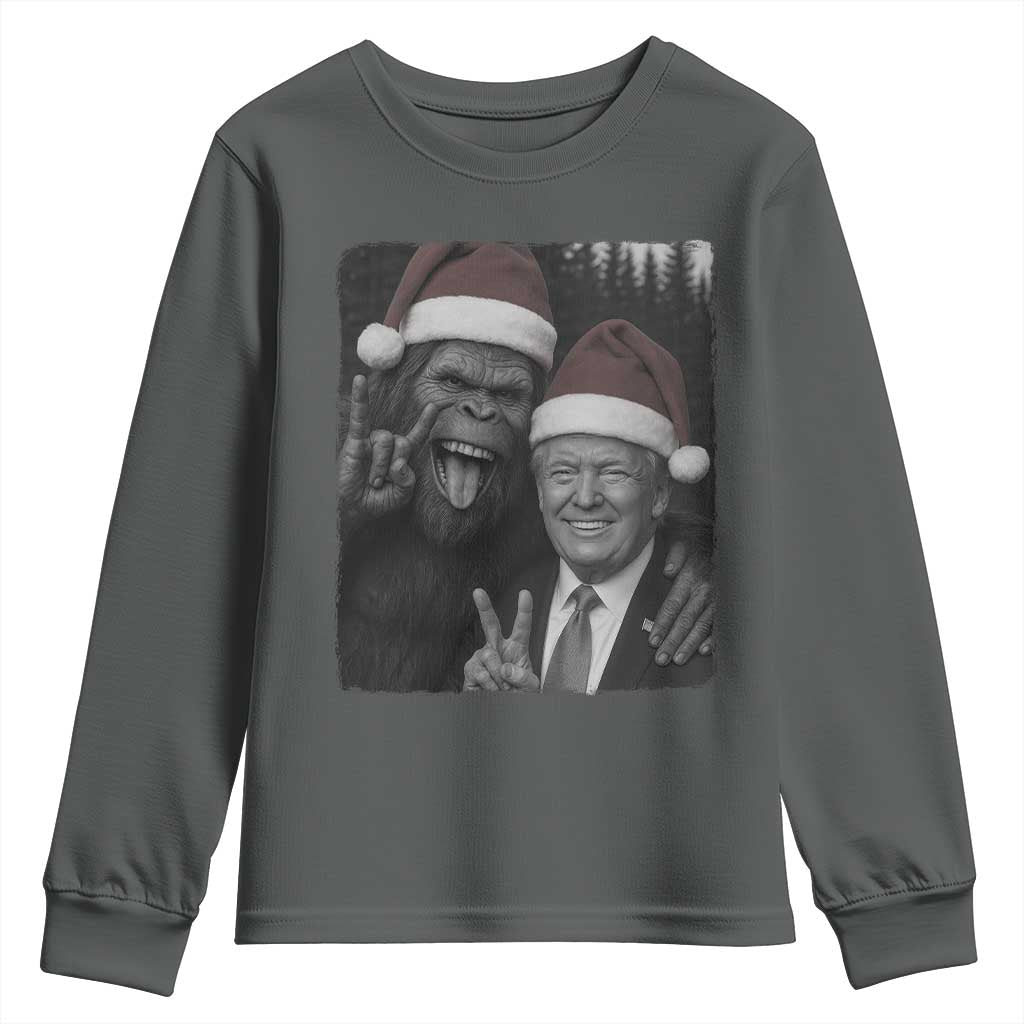 Funny Bigfoot Selfie Christmas Youth Sweatshirt Sasquatch Trump Meme TS14 Dark Heather Print Your Wear