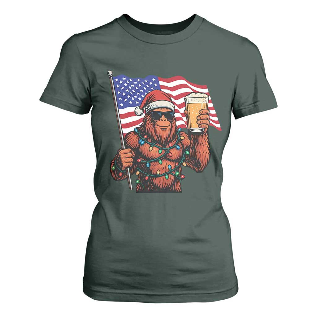 Bigfoot Beer Christmas T Shirt For Women Sasquatch American Flag Patriotic TS14 Dark Forest Green Print Your Wear