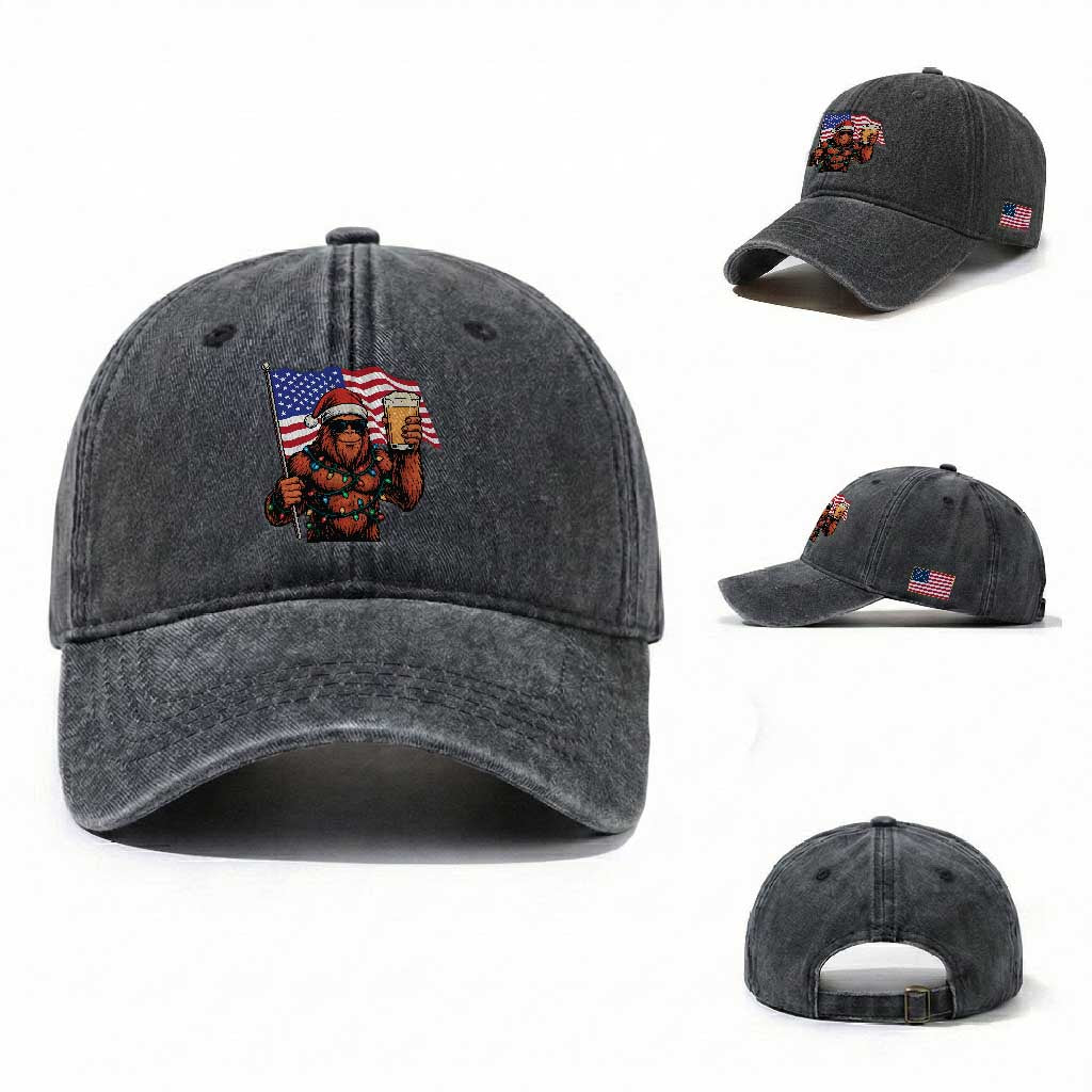 Bigfoot Beer Christmas Washed Cotton Baseball Cap Sasquatch American Flag Patriotic TS14 Washed Cap Universal Fit Dark Gray Print Your Wear