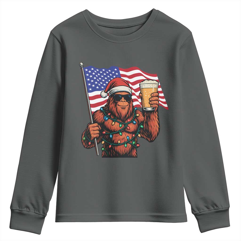 Bigfoot Beer Christmas Youth Sweatshirt Sasquatch American Flag Patriotic TS14 Dark Heather Print Your Wear