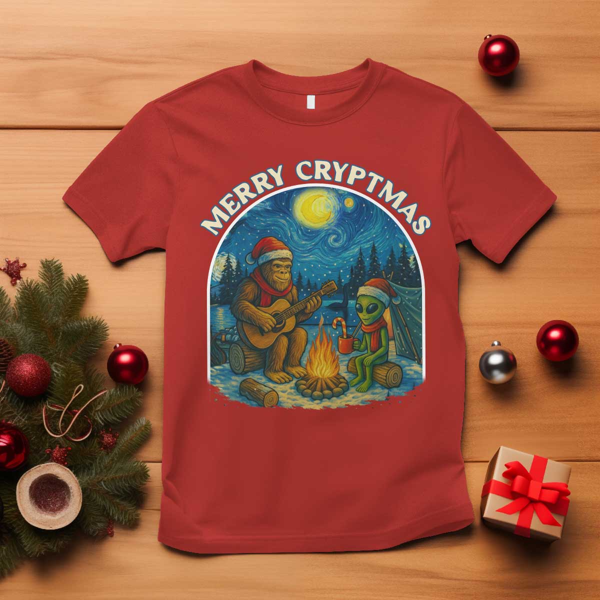 Funny Bigfoot Christmas T Shirt Sasquatch Alien Merry Cryptmas TS14 Red Print Your Wear