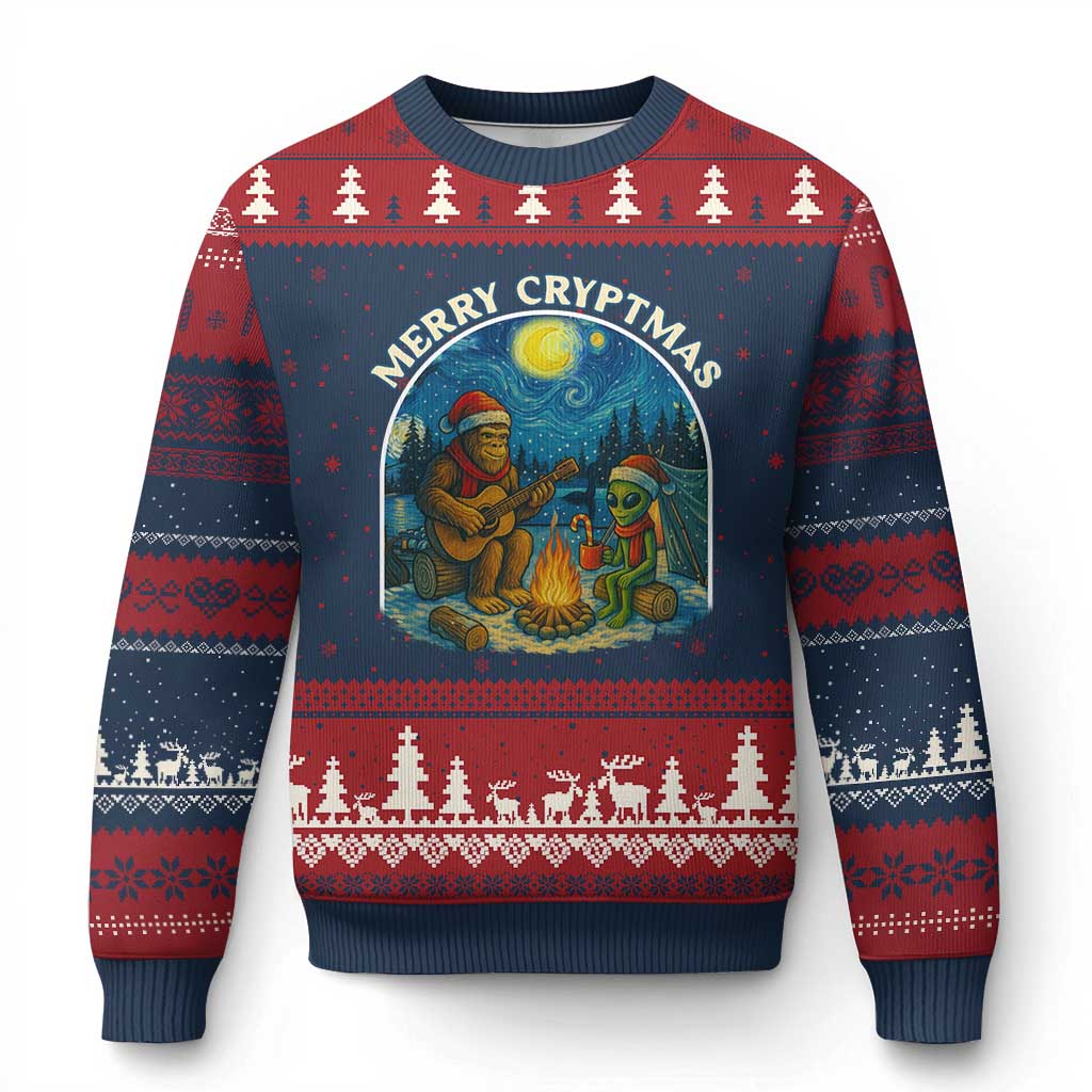 Funny Bigfoot Xmas Ugly Christmas Sweater Sasquatch Alien Merry Cryptmas TS14 Navy Red Print Your Wear