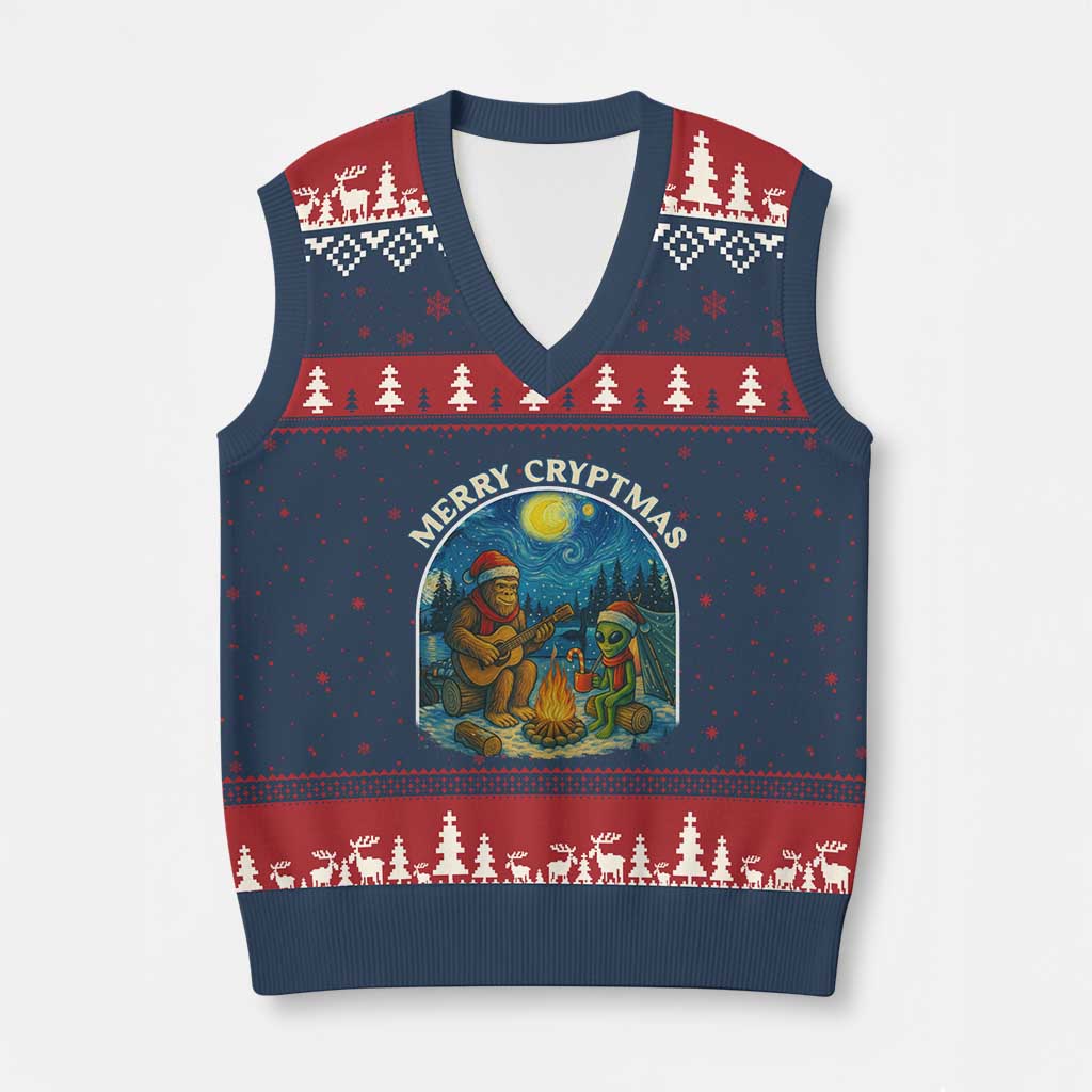 Funny Bigfoot Xmas V-Neck Knit Sweater Vest Sasquatch Alien Merry Cryptmas TS14 Navy Red Print Your Wear