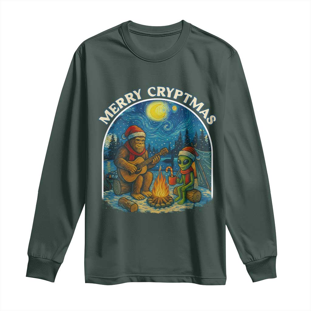 Funny Bigfoot Christmas Long Sleeve Shirt Sasquatch Alien Merry Cryptmas TS14 Dark Forest Green Print Your Wear