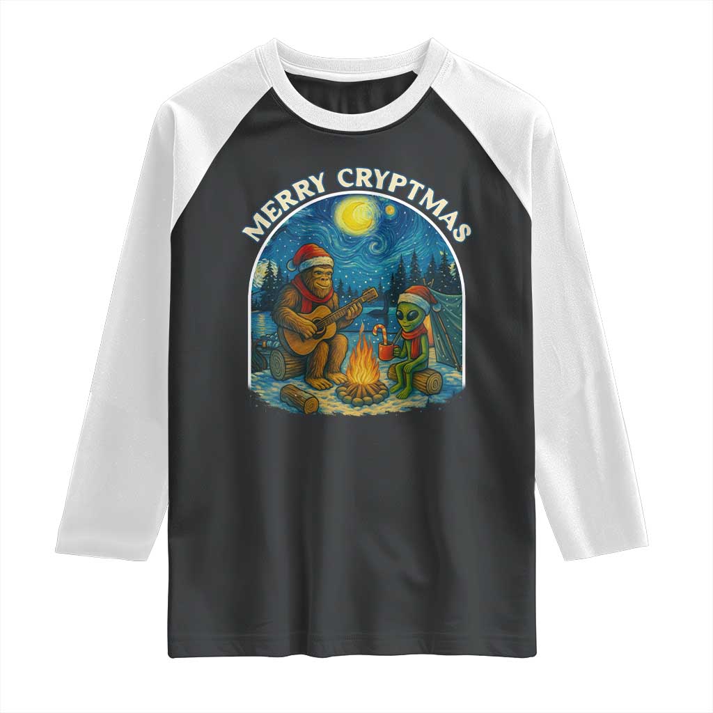 Funny Bigfoot Christmas Raglan Shirt Sasquatch Alien Merry Cryptmas TS14 Black White Print Your Wear