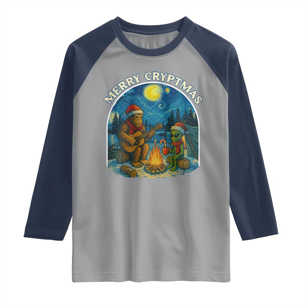 Funny Bigfoot Christmas Raglan Shirt Sasquatch Alien Merry Cryptmas TS14 Sport Gray Navy Print Your Wear