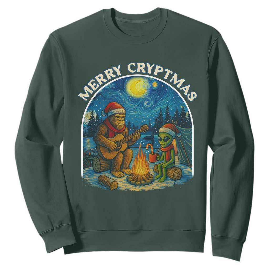 Funny Bigfoot Christmas Sweatshirt Sasquatch Alien Merry Cryptmas TS14 Dark Forest Green Print Your Wear
