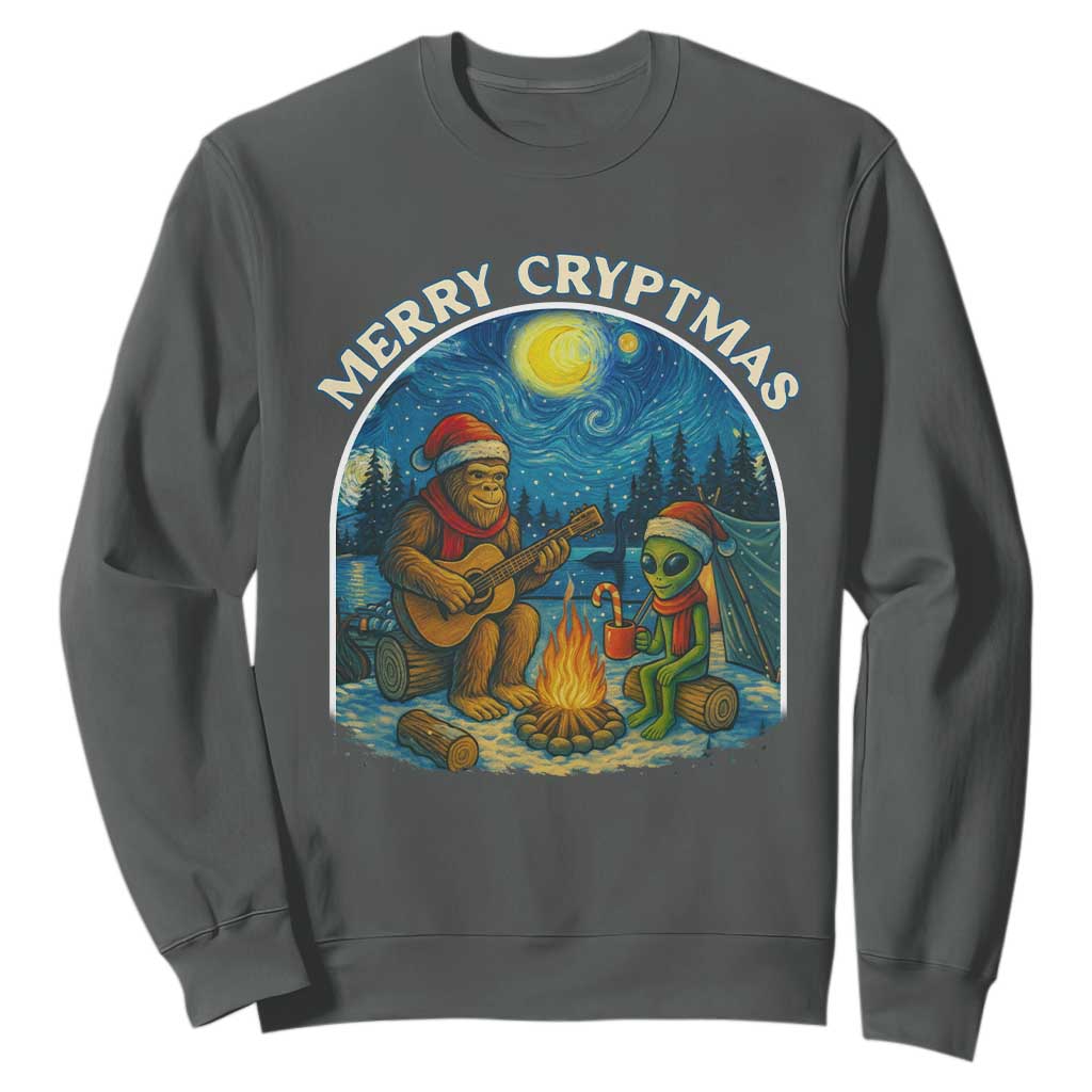 Funny Bigfoot Christmas Sweatshirt Sasquatch Alien Merry Cryptmas TS14 Dark Heather Print Your Wear