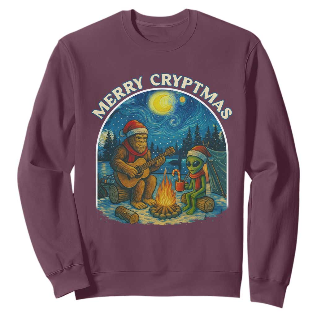 Funny Bigfoot Christmas Sweatshirt Sasquatch Alien Merry Cryptmas TS14 Maroon Print Your Wear