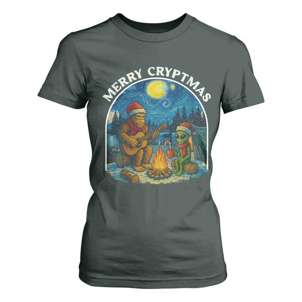 Funny Bigfoot Christmas T Shirt For Women Sasquatch Alien Merry Cryptmas TS14 Dark Forest Green Print Your Wear