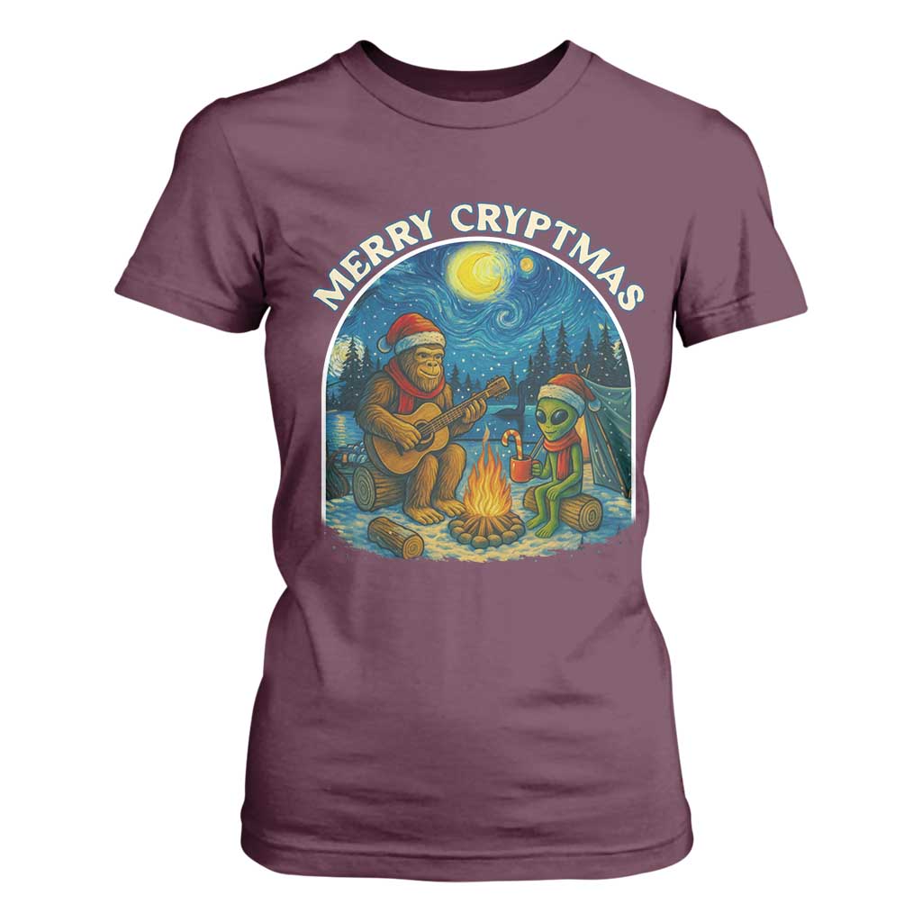 Funny Bigfoot Christmas T Shirt For Women Sasquatch Alien Merry Cryptmas TS14 Maroon Print Your Wear