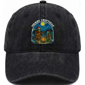Funny Bigfoot Christmas Washed Cotton Baseball Cap Sasquatch Alien Merry Cryptmas TS14 Washed Cap Universal Fit Black Print Your Wear