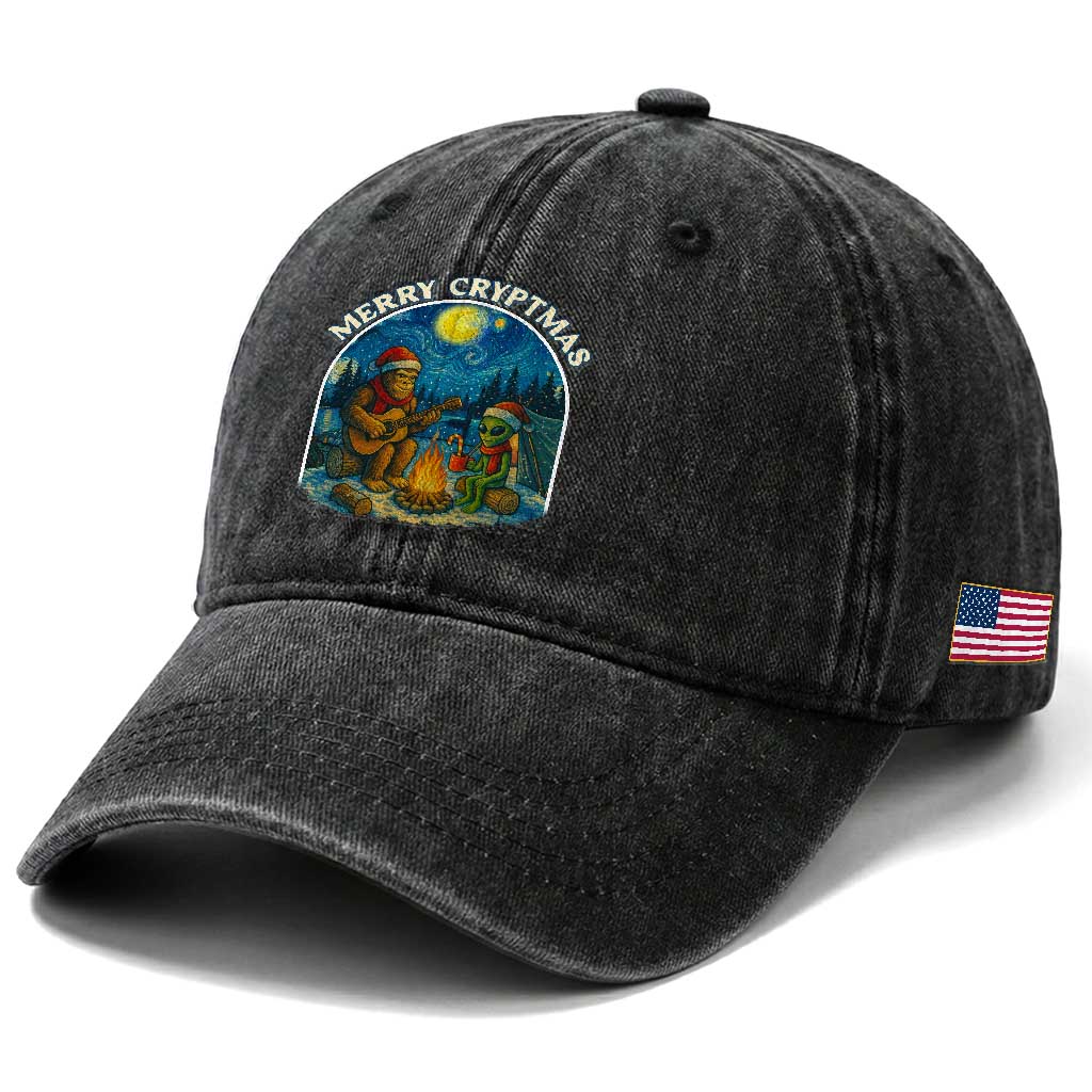 Funny Bigfoot Christmas Washed Cotton Baseball Cap Sasquatch Alien Merry Cryptmas TS14 Print Your Wear