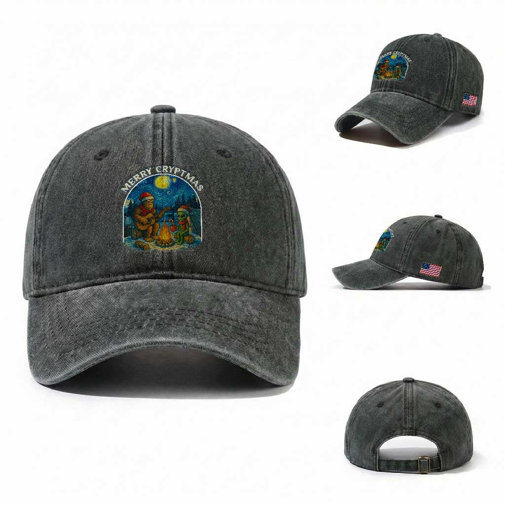 Funny Bigfoot Christmas Washed Cotton Baseball Cap Sasquatch Alien Merry Cryptmas TS14 Washed Cap Universal Fit Dark Green Print Your Wear
