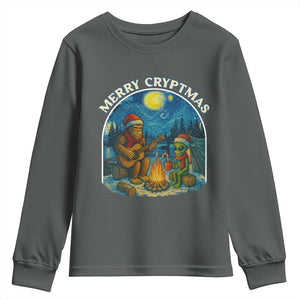 Funny Bigfoot Christmas Youth Sweatshirt Sasquatch Alien Merry Cryptmas TS14 Dark Heather Print Your Wear