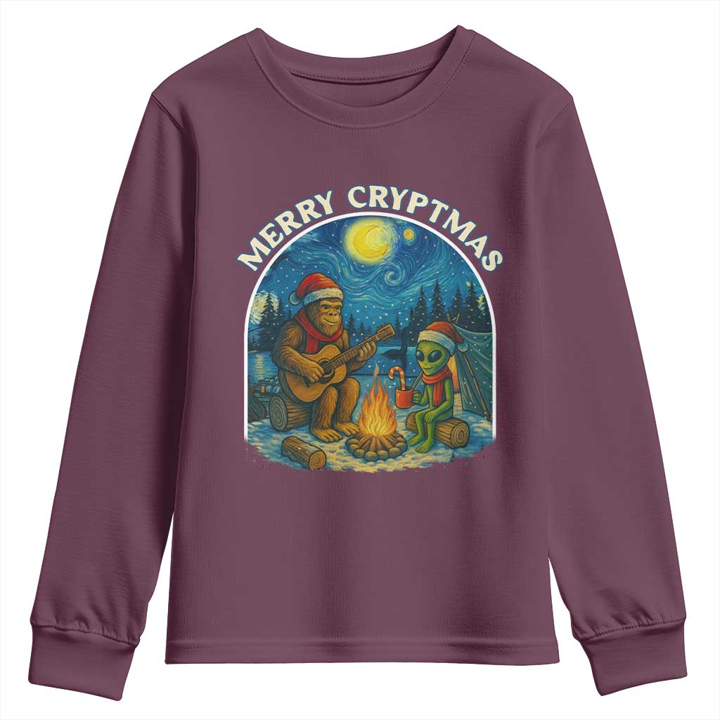 Funny Bigfoot Christmas Youth Sweatshirt Sasquatch Alien Merry Cryptmas TS14 Maroon Print Your Wear