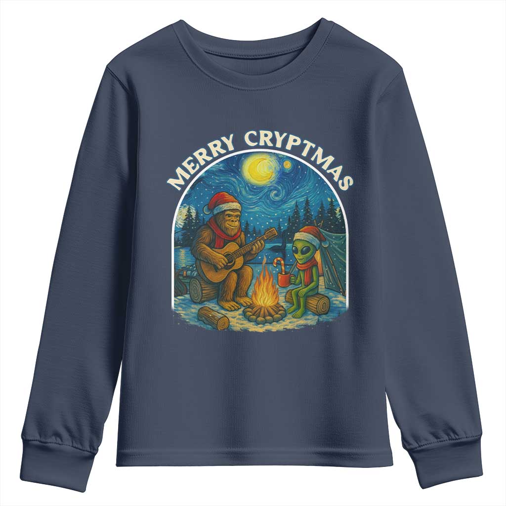 Funny Bigfoot Christmas Youth Sweatshirt Sasquatch Alien Merry Cryptmas TS14 Navy Print Your Wear