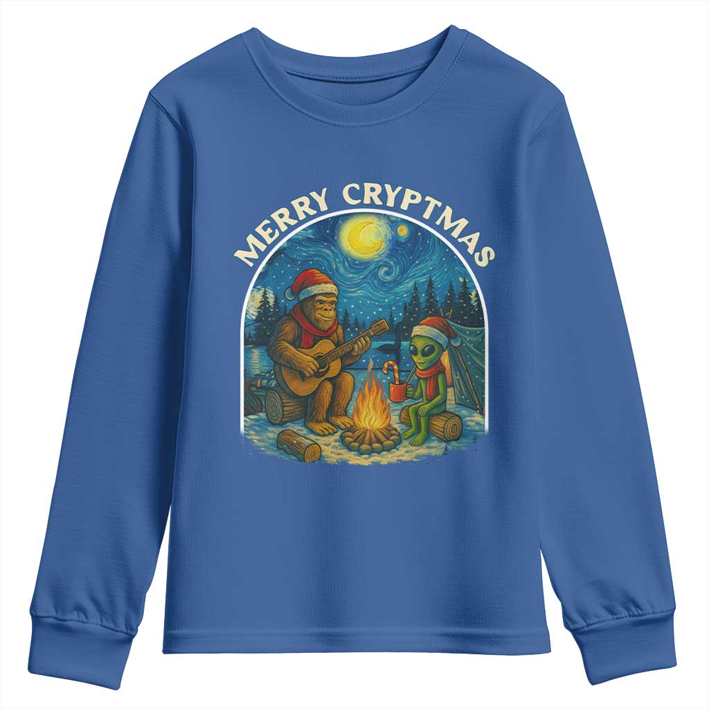 Funny Bigfoot Christmas Youth Sweatshirt Sasquatch Alien Merry Cryptmas TS14 Royal Blue Print Your Wear