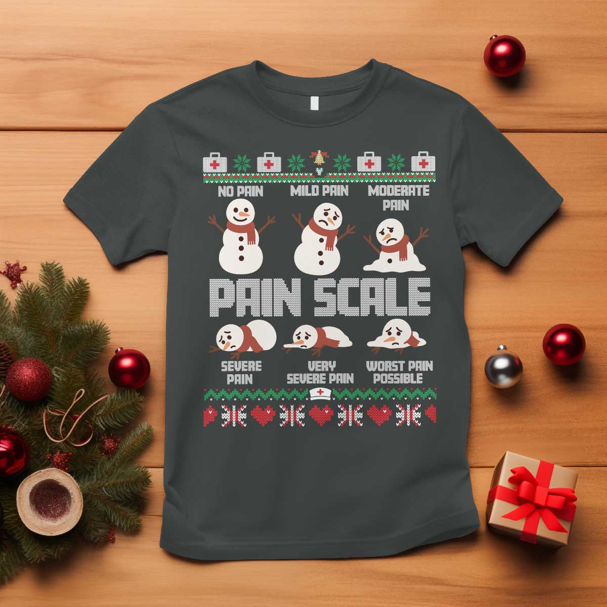 Pain Scale Snowman T Shirt Funny ICU Nurse Christmas TS14 Dark Heather Print Your Wear