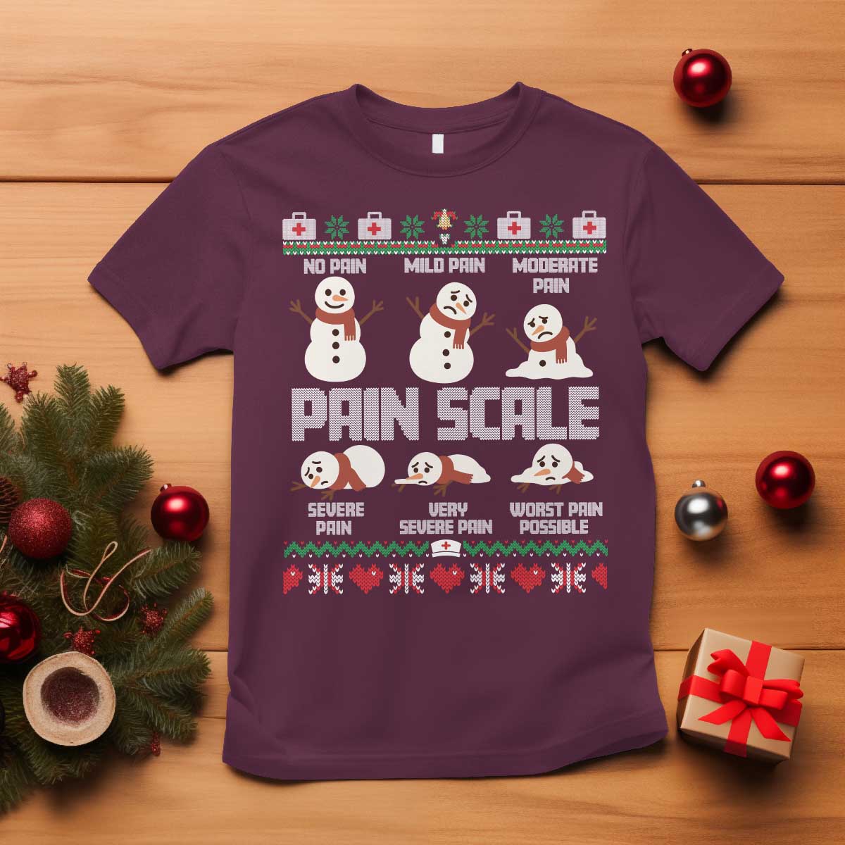 Pain Scale Snowman T Shirt Funny ICU Nurse Christmas TS14 Maroon Print Your Wear