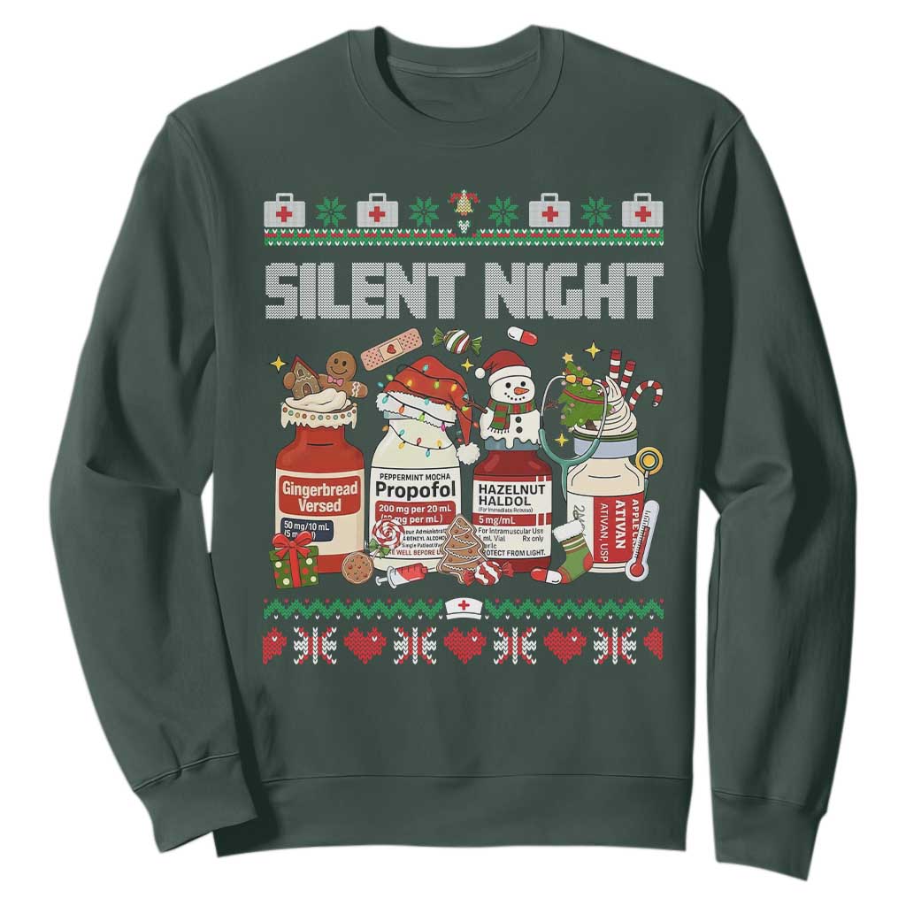 Silent Night Christmas Sweatshirt Funny ICU Nurse Xmas TS14 Dark Forest Green Print Your Wear