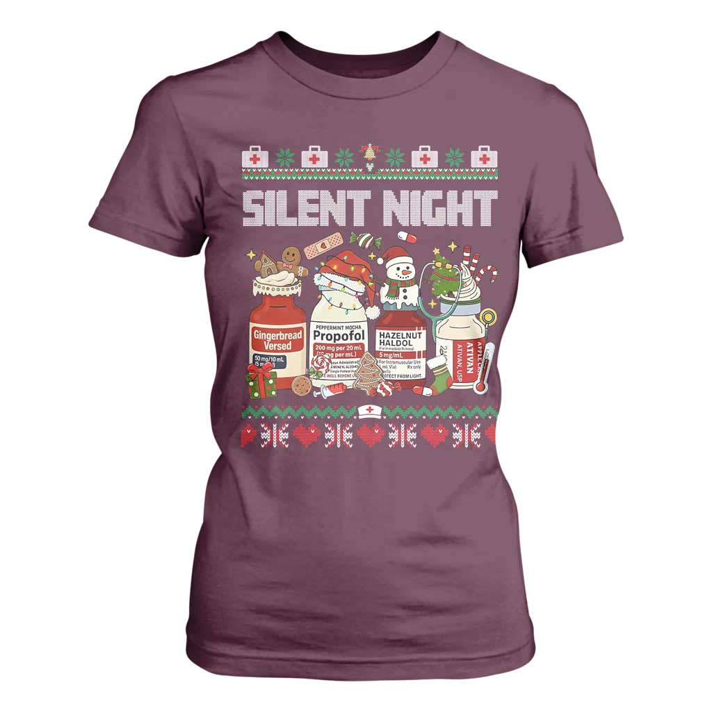 Silent Night Christmas T Shirt For Women Funny ICU Nurse Xmas TS14 Maroon Print Your Wear