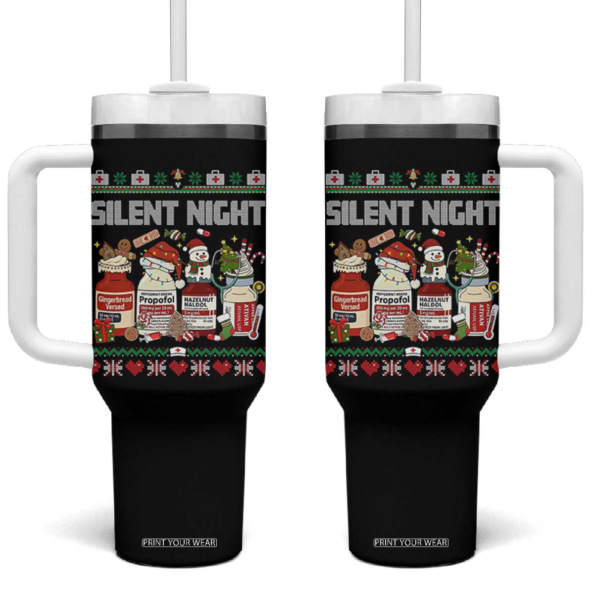 Silent Night Christmas Tumbler With Handle Funny ICU Nurse Xmas TS14 One Size: 40 oz Black Print Your Wear