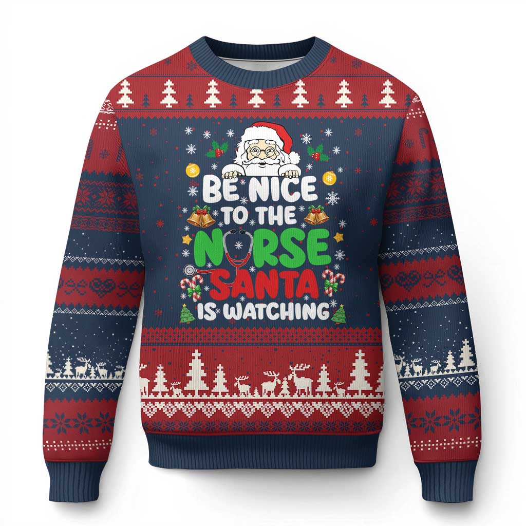 Christmas Nurse Ugly Christmas Sweater Be Nice To The Nurse Santa Is Watching TS14 Navy Red Print Your Wear