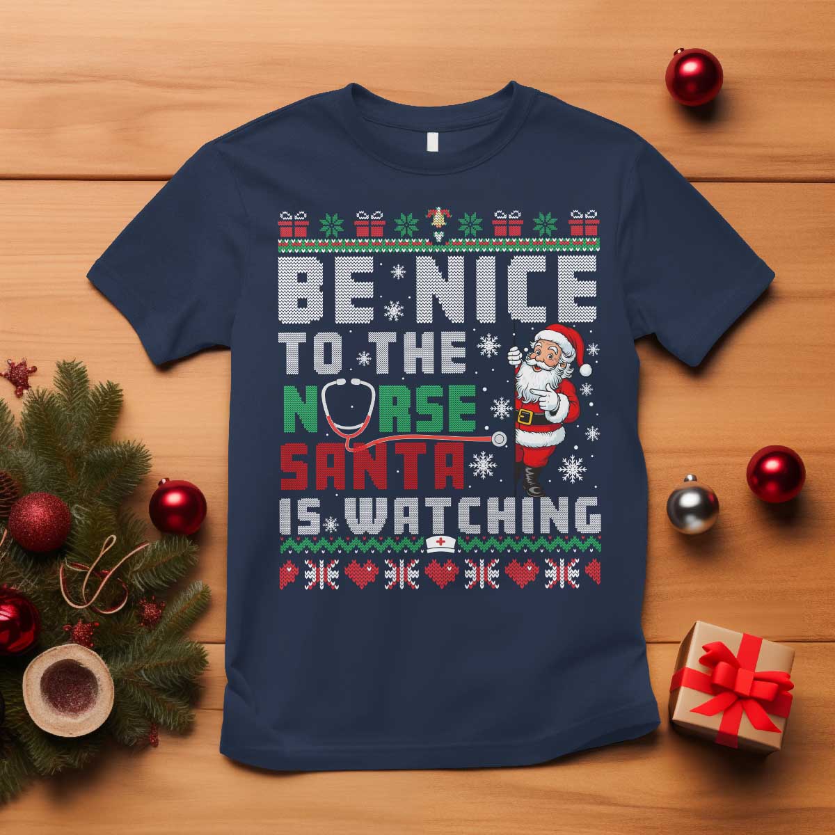 Funny Nurse Christmas T Shirt Be Nice To The Nurse Santa Is Watching TS14 Navy Print Your Wear