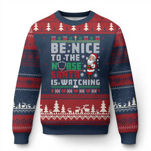 Funny Nurse Christmas Ugly Christmas Sweater Be Nice To The Nurse Santa Is Watching TS14 Navy Red Print Your Wear
