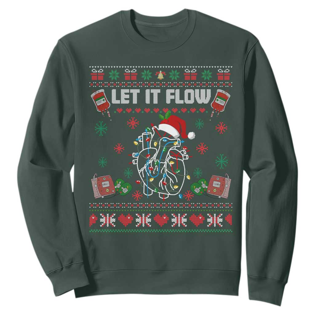 Let It Flow Christmas Sweatshirt Anatomy Heart Cardiac Nurse Santa Xmas TS14 Dark Forest Green Print Your Wear