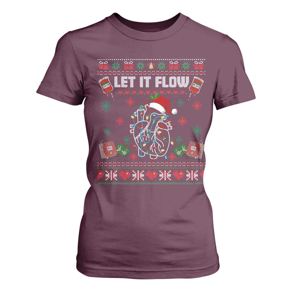 Let It Flow Christmas T Shirt For Women Anatomy Heart Cardiac Nurse Santa Xmas TS14 Maroon Print Your Wear