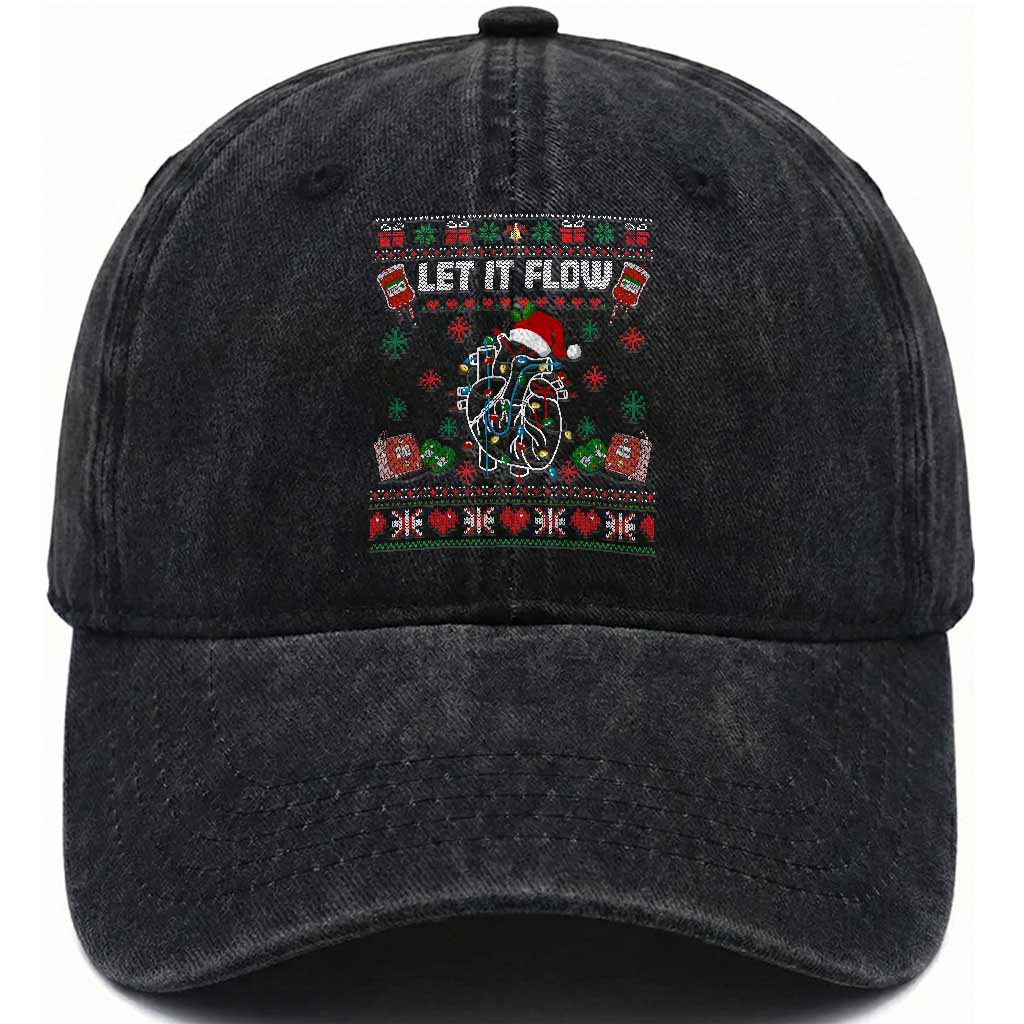 Let It Flow Christmas Washed Cotton Baseball Cap Anatomy Heart Cardiac Nurse Santa Xmas TS14 Washed Cap Universal Fit Black Print Your Wear
