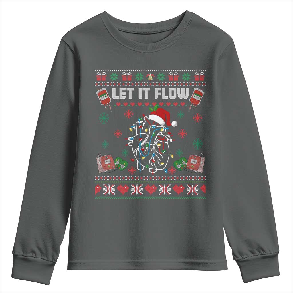 Let It Flow Christmas Youth Sweatshirt Anatomy Heart Cardiac Nurse Santa Xmas TS14 Dark Heather Print Your Wear