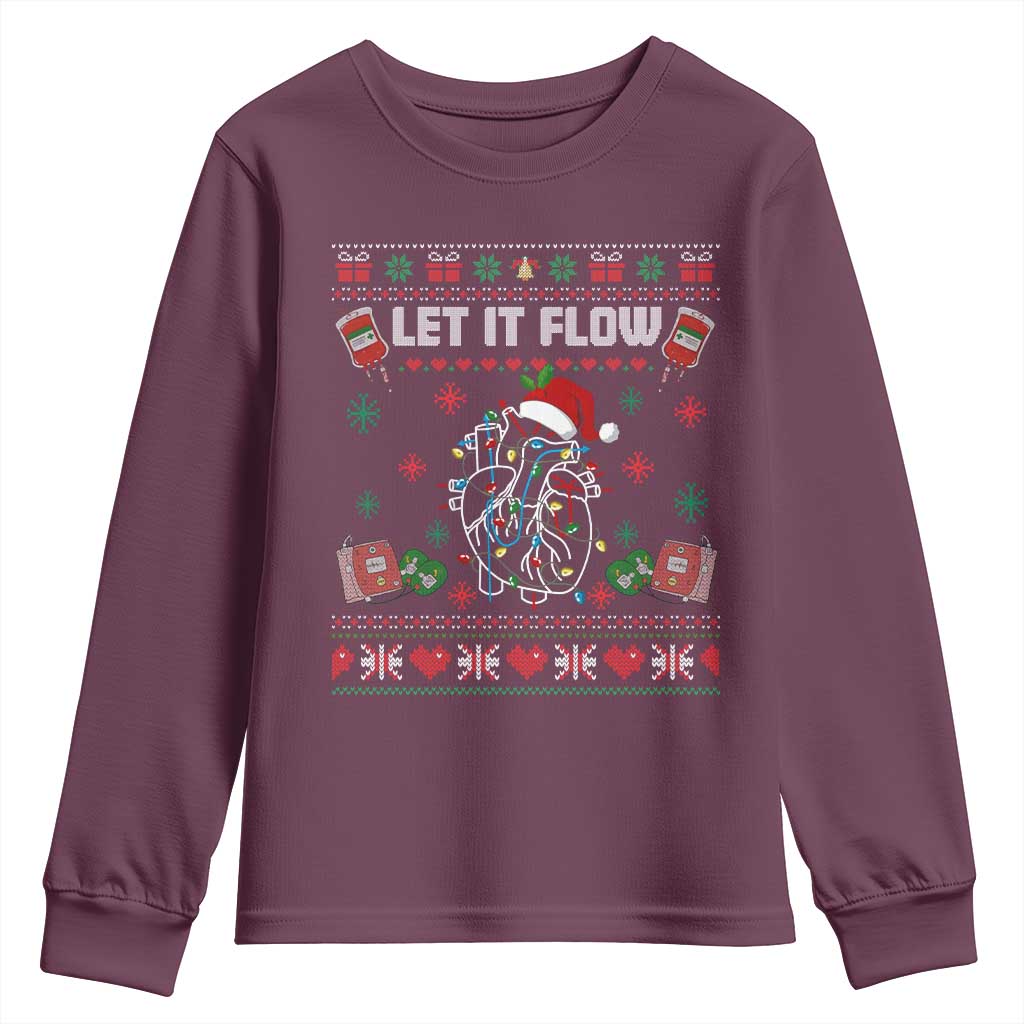 Let It Flow Christmas Youth Sweatshirt Anatomy Heart Cardiac Nurse Santa Xmas TS14 Maroon Print Your Wear